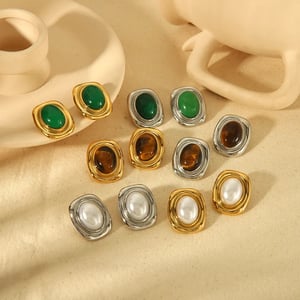 1 paio di orecchini a bottone da donna in stile classico ed elegante, forma quadrata, in acciaio inossidabile placcato Colore oro 18 carati, con intarsi in pietra naturale h5 